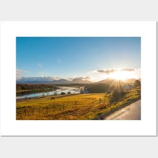 Beautiful norwegian scenery. Mountains in background. Horses are on the farm near river Posters and Art